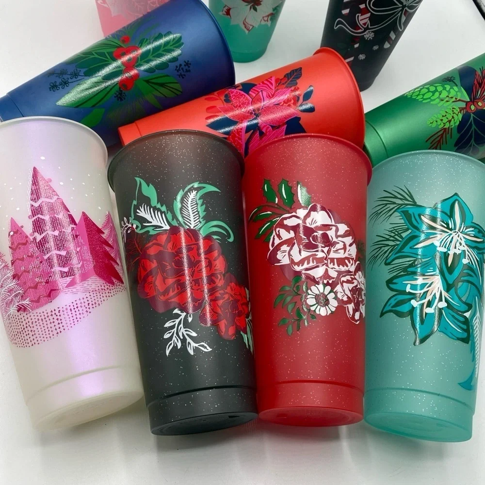 Starbucks Glitter Cold Cups Carnation Floral Print Holiday Christmas Plastic 10